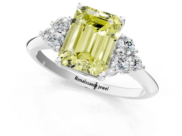 White gold Fancy Yellow Emerald Cut Cut Diamond Cluster Ring with Solitaire Band and Four-Prong Setting