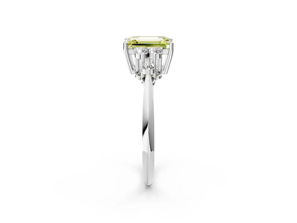 White gold Fancy Yellow Emerald Cut Cut Diamond Cluster Ring with Solitaire Band and Four-Prong Setting