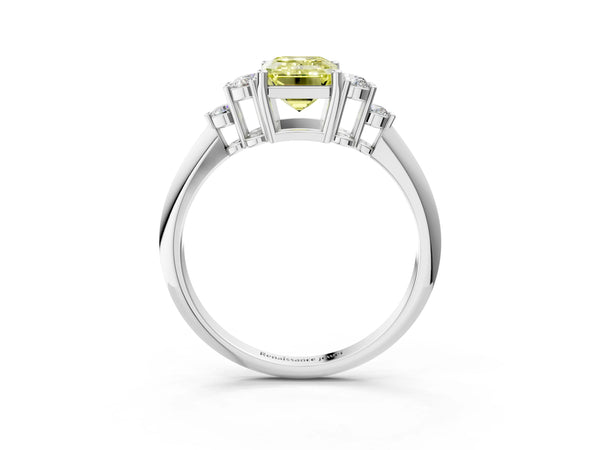 White gold Fancy Yellow Emerald Cut Cut Diamond Cluster Ring with Solitaire Band and Four-Prong Setting