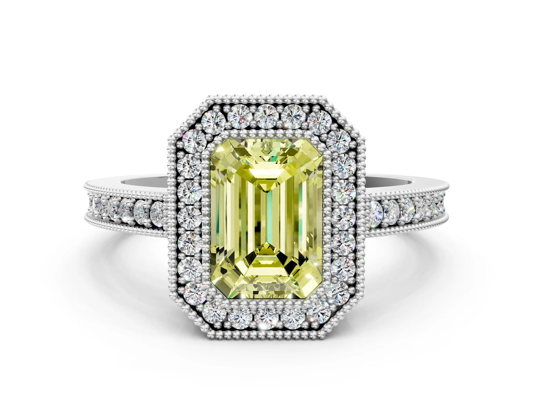 White gold Fancy Yellow Emerald Cut-Cut Diamond Halo Engagement Ring with Pave Band and Prong Setting