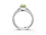 White gold Fancy Yellow Emerald Cut Cut Diamond Milgrain Pave Band Four-Prong Setting Ring_18