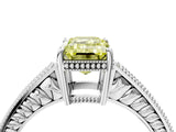 White gold Fancy Yellow Emerald Cut Cut Diamond Milgrain Pave Band Four-Prong Setting Ring_19