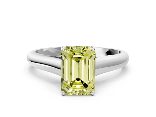 Platinum Fancy Yellow Emerald Cut Cut Diamond Solitaire Engagement Ring with Tapered Plain Band and Four-Prong Setting