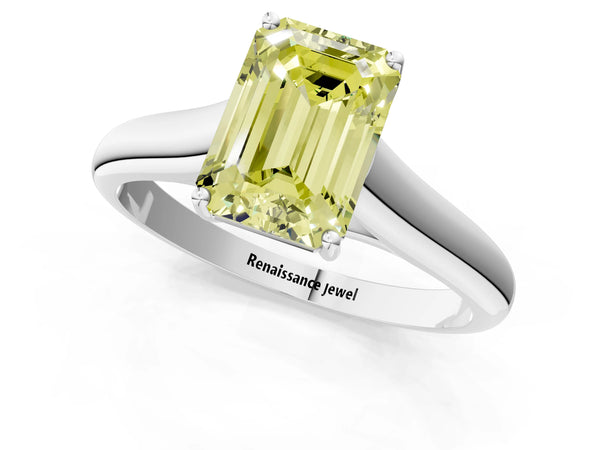 Platinum Fancy Yellow Emerald Cut Cut Diamond Solitaire Engagement Ring with Tapered Plain Band and Four-Prong Setting
