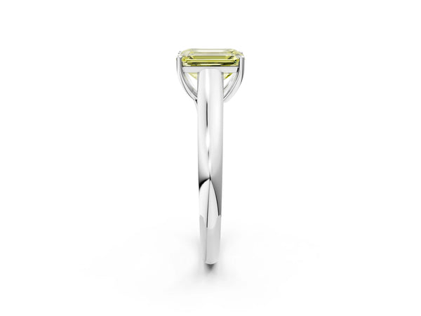 Platinum Fancy Yellow Emerald Cut Cut Diamond Solitaire Engagement Ring with Tapered Plain Band and Four-Prong Setting