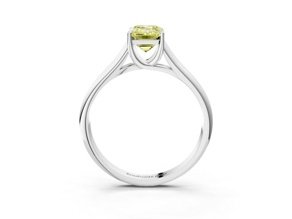 Platinum Fancy Yellow Emerald Cut Cut Diamond Solitaire Engagement Ring with Tapered Plain Band and Four-Prong Setting