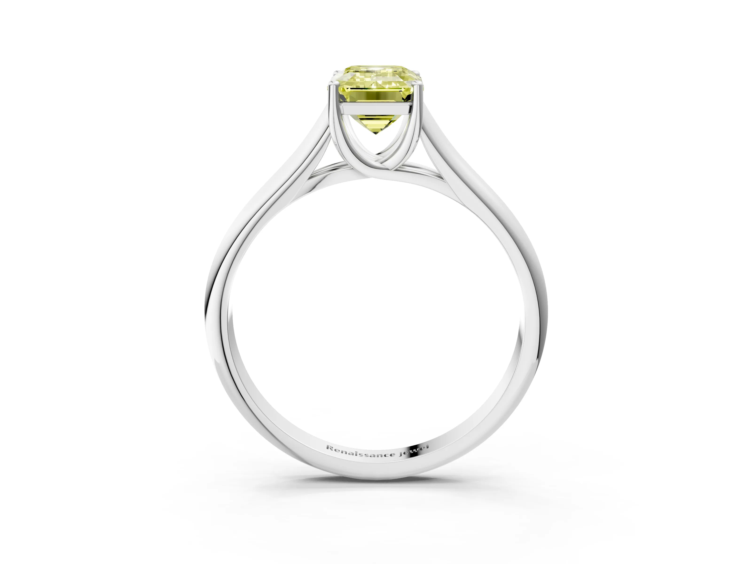 White gold Fancy Yellow Emerald Cut Cut Diamond Solitaire Engagement Ring with Tapered Plain Band and Four-Prong Setting_3