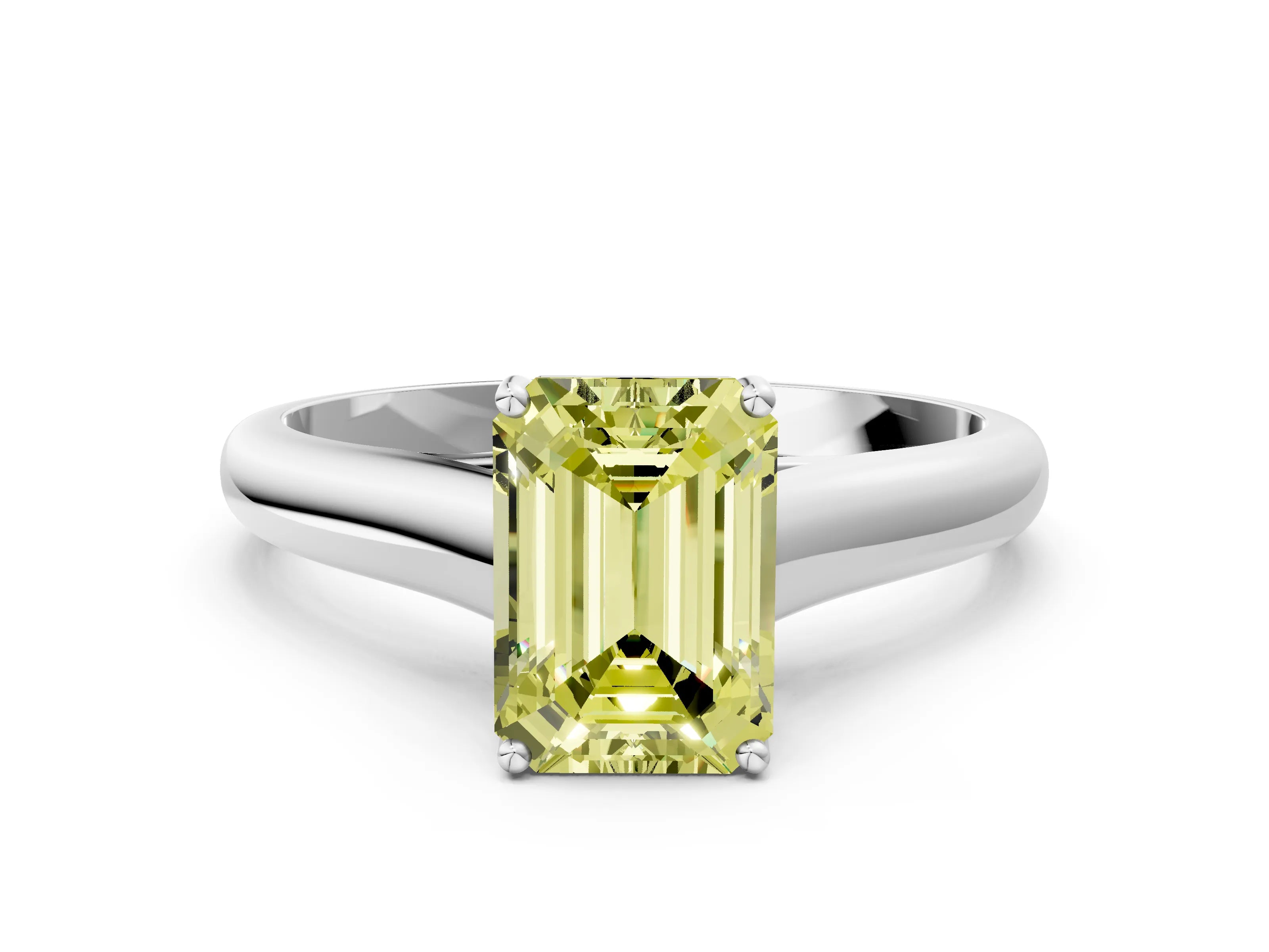 White gold Fancy Yellow Emerald Cut Cut Diamond Solitaire Engagement Ring with Tapered Plain Band and Four-Prong Setting