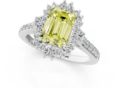White gold Fancy Yellow Emerald Cut Cut Diamond Sunburst Halo Engagement Ring with Pavé Band_13