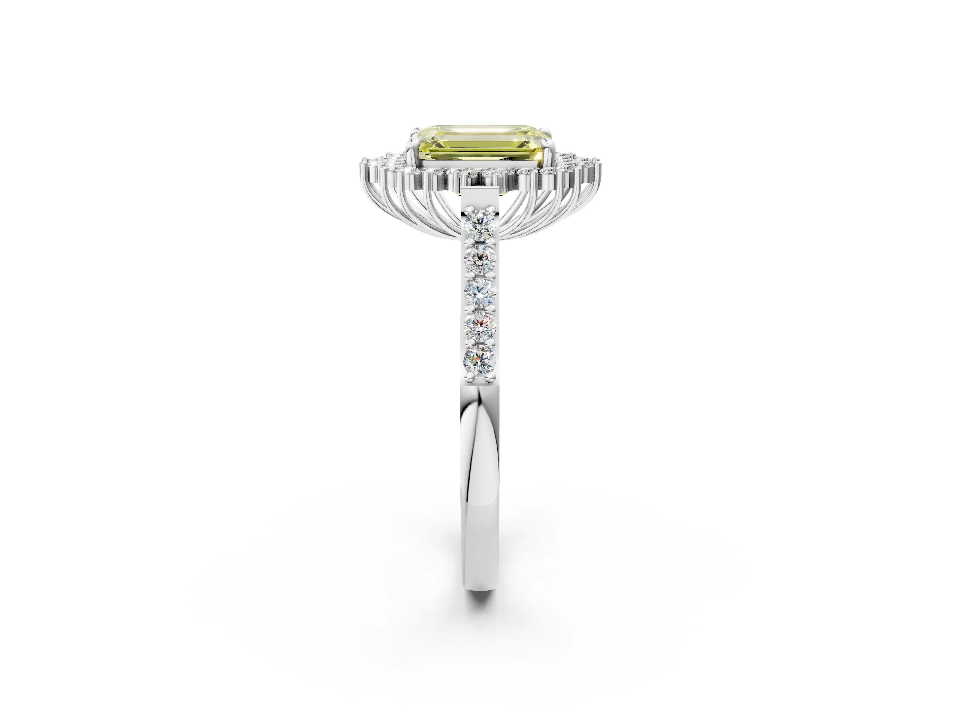 White gold Fancy Yellow Emerald Cut Cut Diamond Sunburst Halo Engagement Ring with Pavé Band_14