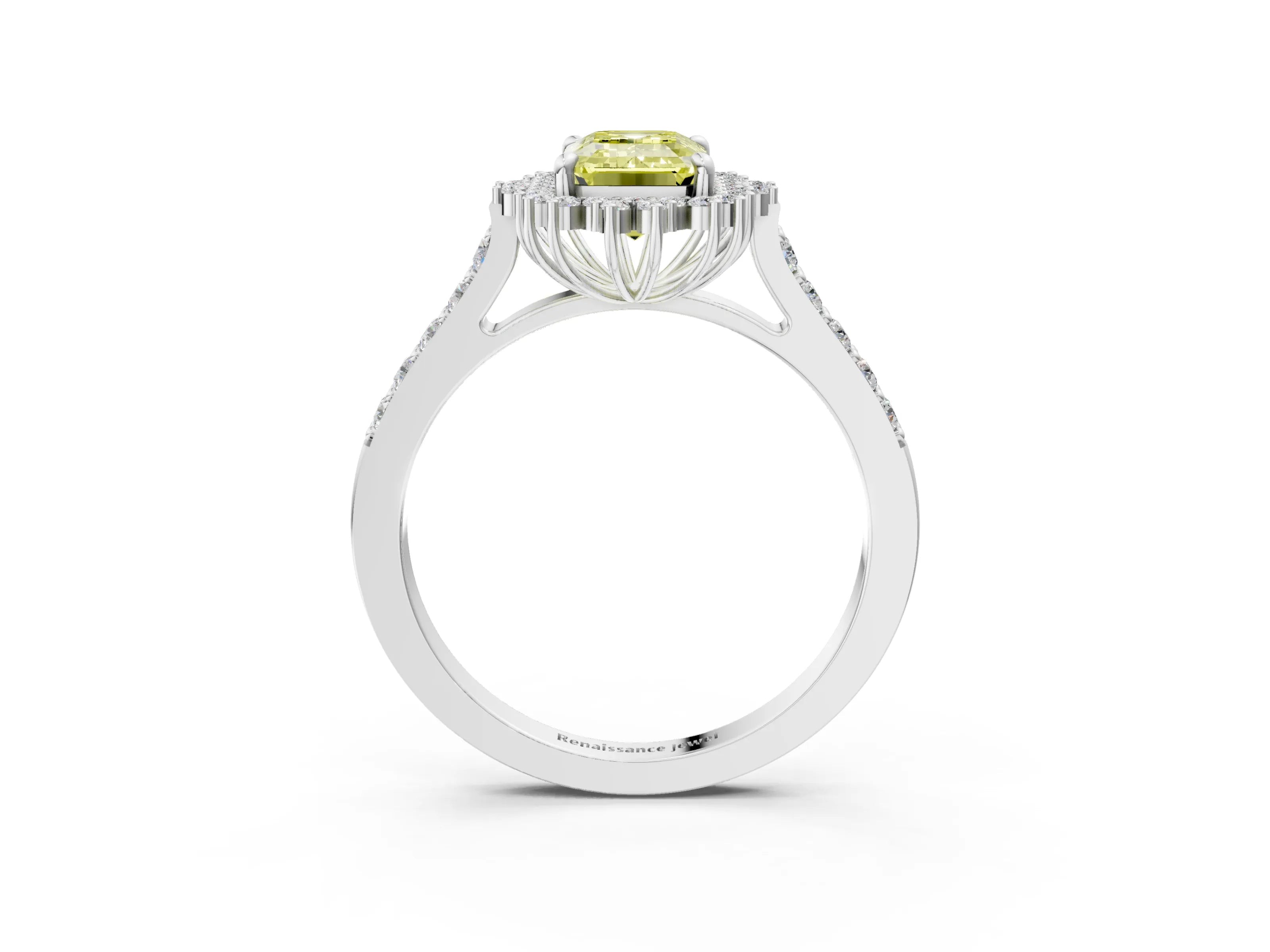 White gold Fancy Yellow Emerald Cut Cut Diamond Sunburst Halo Engagement Ring with Pavé Band_15
