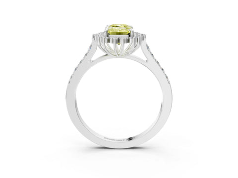 White gold Fancy Yellow Emerald Cut Cut Diamond Sunburst Halo Engagement Ring with Pavé Band_15