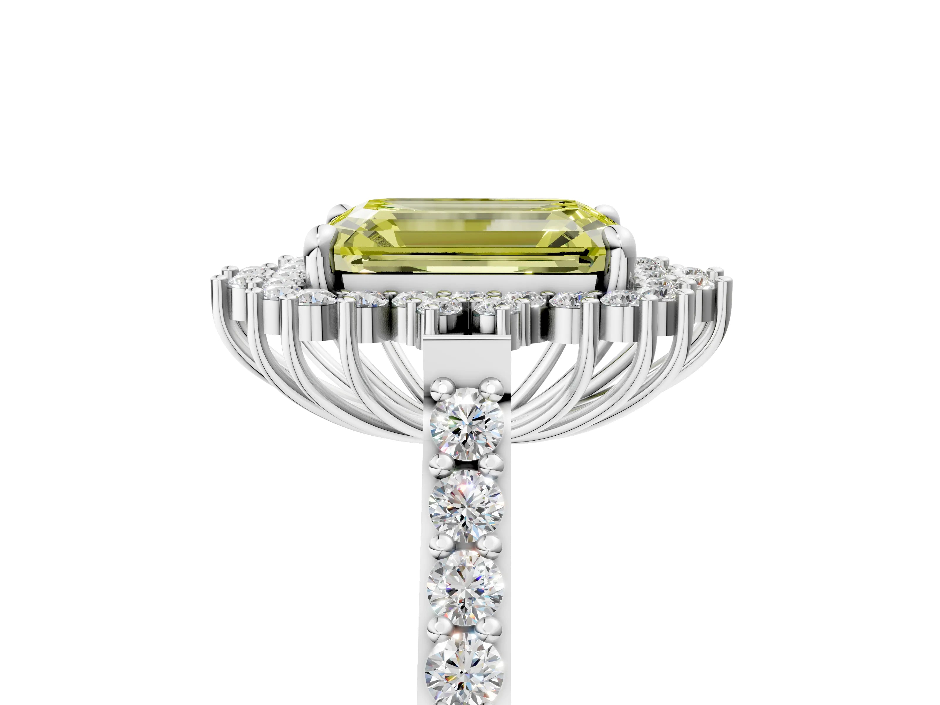 White gold Fancy Yellow Emerald Cut Cut Diamond Sunburst Halo Engagement Ring with Pavé Band_17