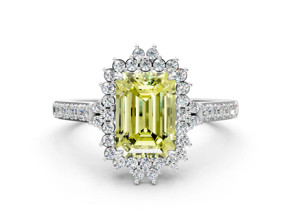 Platinum Fancy Yellow Emerald Cut Cut Diamond Sunburst Halo Engagement Ring with Pavé Band