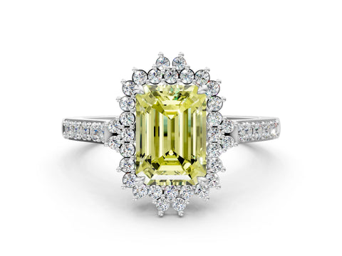 White gold Fancy Yellow Emerald Cut Cut Diamond Sunburst Halo Engagement Ring with Pavé Band_18
