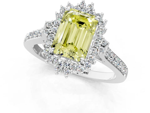 White gold Fancy Yellow Emerald Cut Cut Diamond Sunburst Halo Engagement Ring with Pavé Band_1
