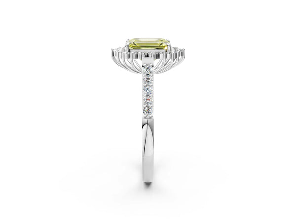 Platinum Fancy Yellow Emerald Cut Cut Diamond Sunburst Halo Engagement Ring with Pavé Band