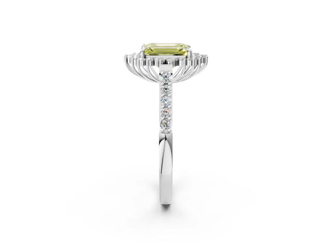 White gold Fancy Yellow Emerald Cut Cut Diamond Sunburst Halo Engagement Ring with Pavé Band_20