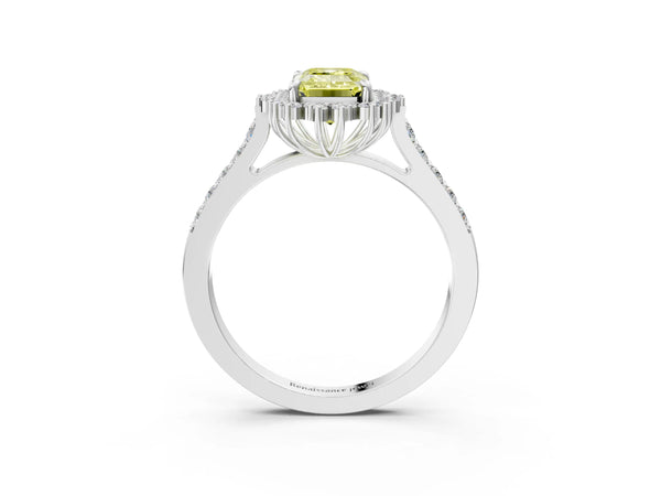 Platinum Fancy Yellow Emerald Cut Cut Diamond Sunburst Halo Engagement Ring with Pavé Band