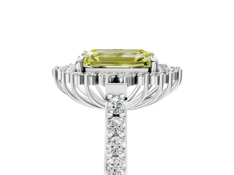 White gold Fancy Yellow Emerald Cut Cut Diamond Sunburst Halo Engagement Ring with Pavé Band_23