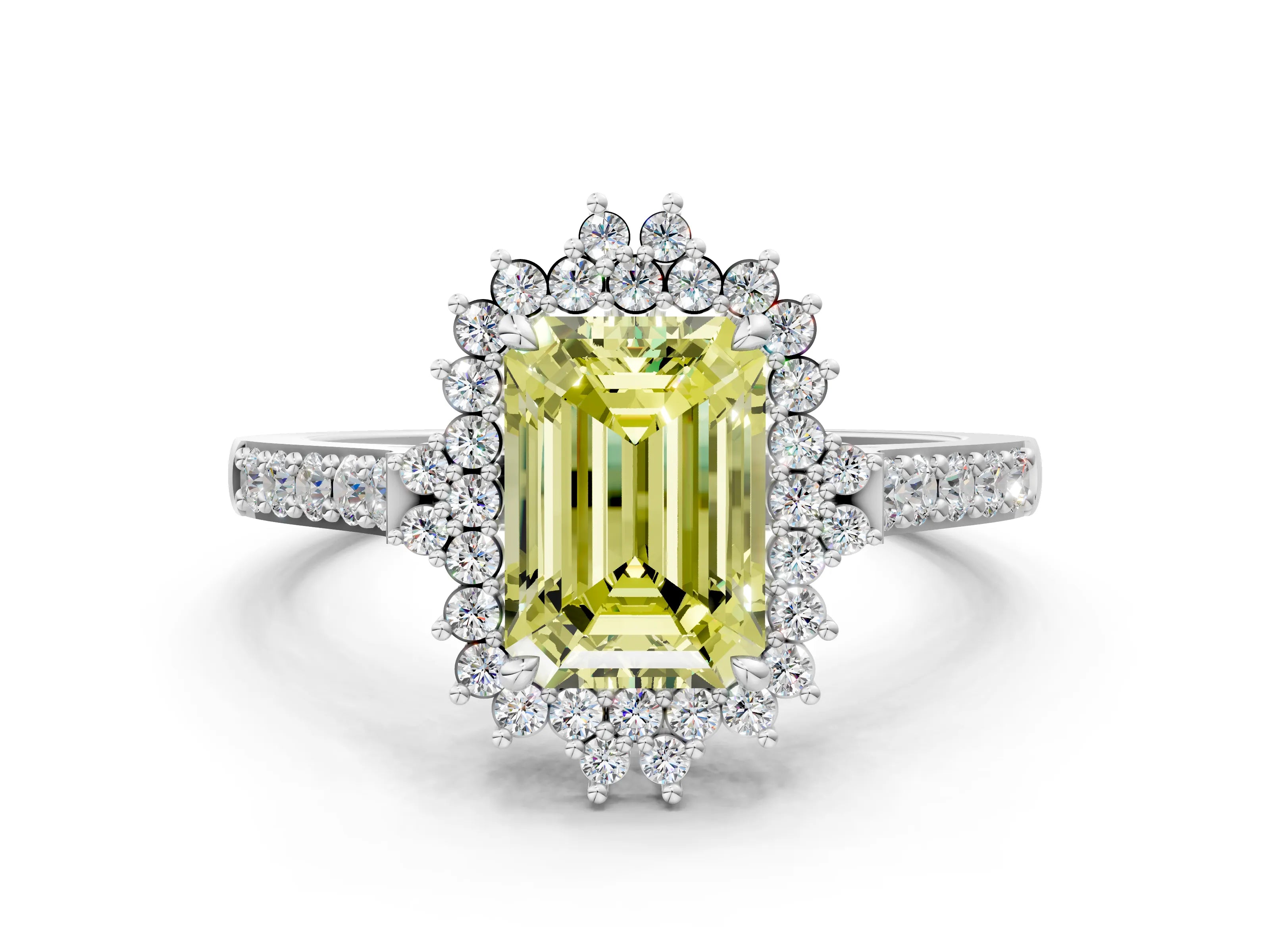 White gold Fancy Yellow Emerald Cut Cut Diamond Sunburst Halo Engagement Ring with Pavé Band_24