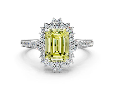 White gold Fancy Yellow Emerald Cut Cut Diamond Sunburst Halo Engagement Ring with Pavé Band_24