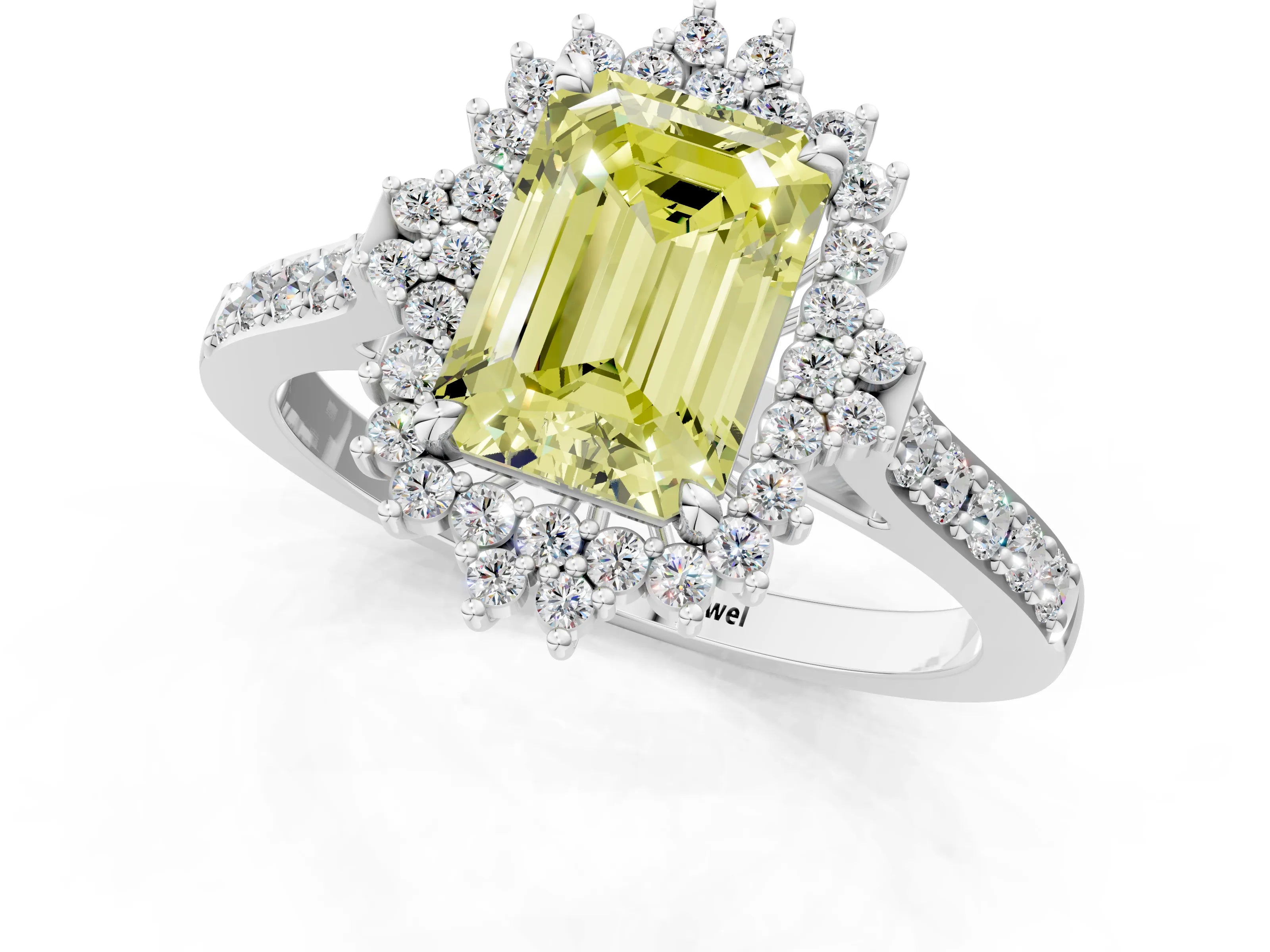 White gold Fancy Yellow Emerald Cut Cut Diamond Sunburst Halo Engagement Ring with Pavé Band_25