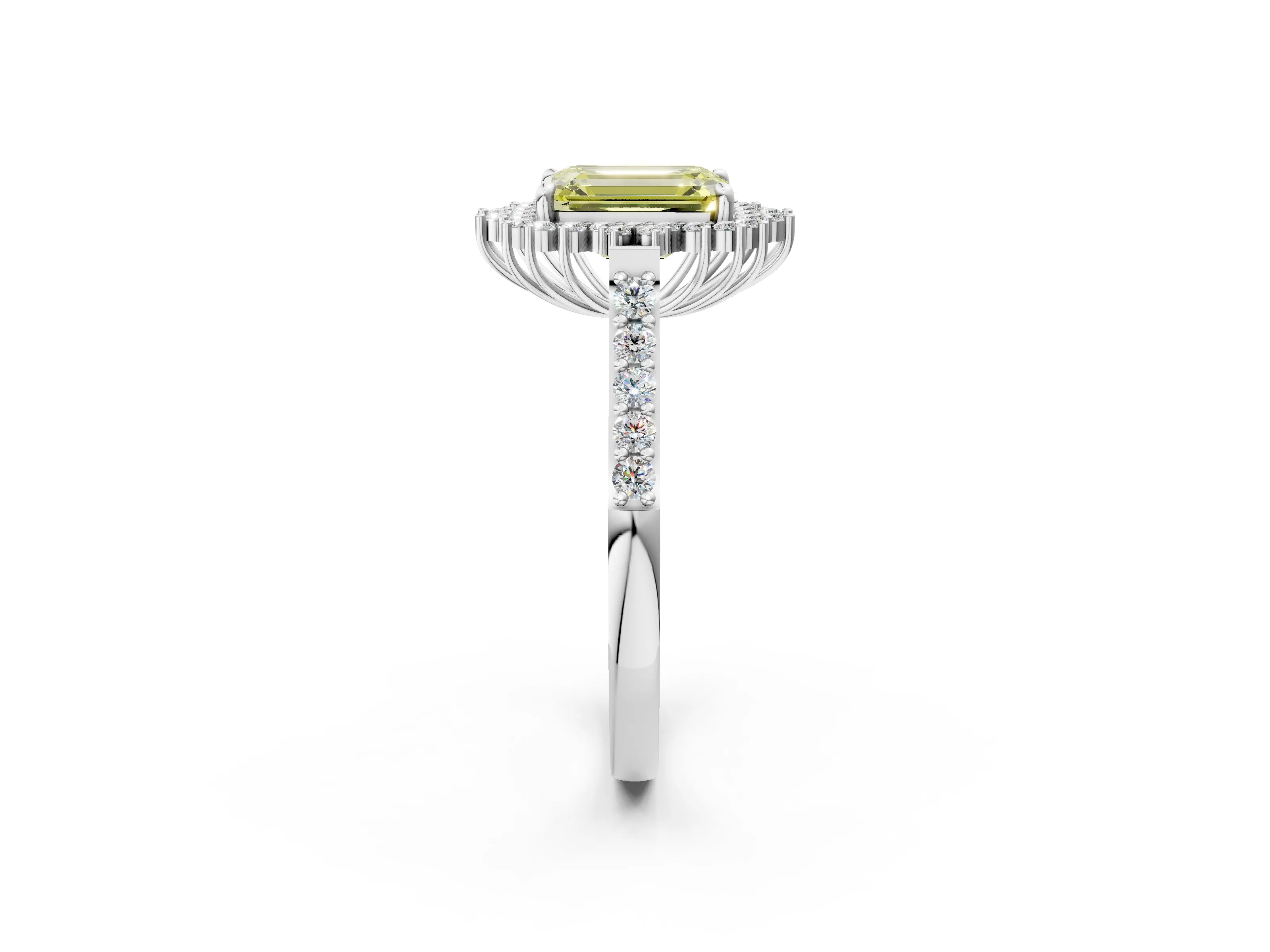 White gold Fancy Yellow Emerald Cut Cut Diamond Sunburst Halo Engagement Ring with Pavé Band_26