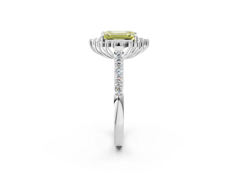 White gold Fancy Yellow Emerald Cut Cut Diamond Sunburst Halo Engagement Ring with Pavé Band_26