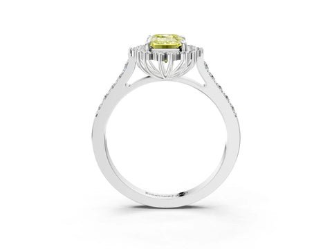 White gold Fancy Yellow Emerald Cut Cut Diamond Sunburst Halo Engagement Ring with Pavé Band_27