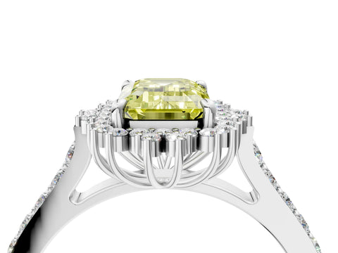White gold Fancy Yellow Emerald Cut Cut Diamond Sunburst Halo Engagement Ring with Pavé Band_28