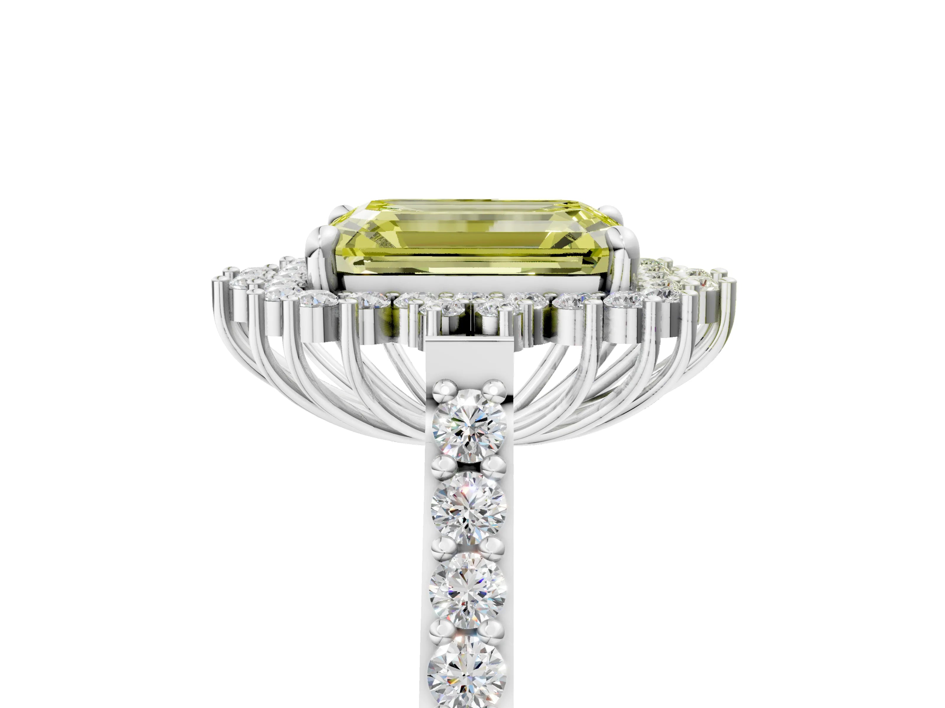 White gold Fancy Yellow Emerald Cut Cut Diamond Sunburst Halo Engagement Ring with Pavé Band_29