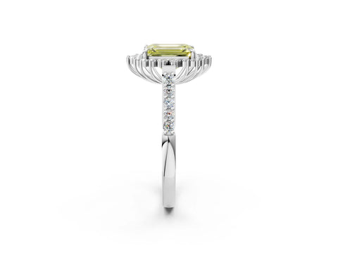 White gold Fancy Yellow Emerald Cut Cut Diamond Sunburst Halo Engagement Ring with Pavé Band_2