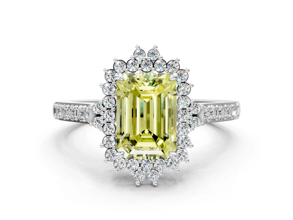 Platinum Fancy Yellow Emerald Cut Cut Diamond Sunburst Halo Engagement Ring with Pavé Band