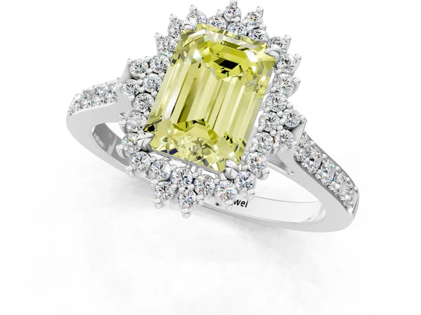 Platinum Fancy Yellow Emerald Cut Cut Diamond Sunburst Halo Engagement Ring with Pavé Band