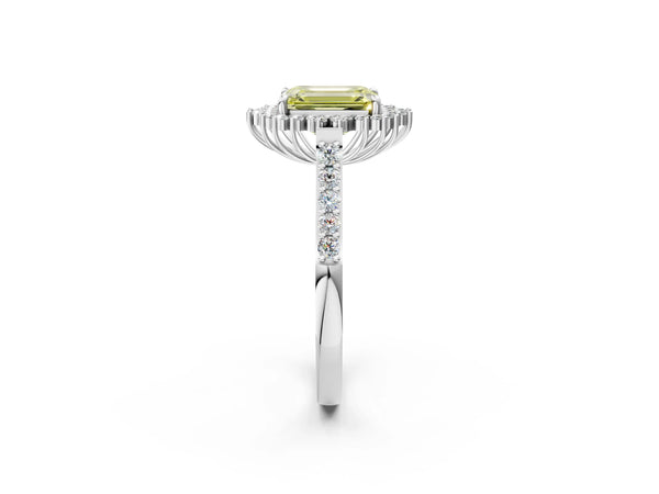 Platinum Fancy Yellow Emerald Cut Cut Diamond Sunburst Halo Engagement Ring with Pavé Band