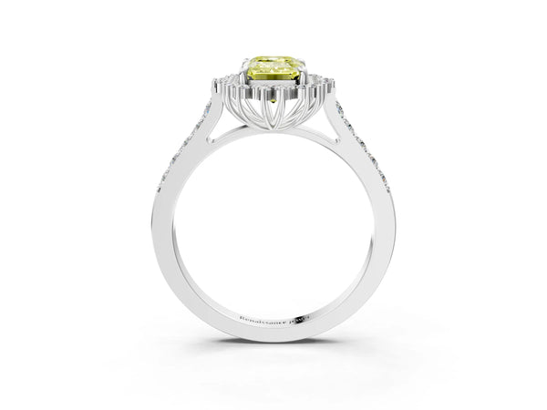 Platinum Fancy Yellow Emerald Cut Cut Diamond Sunburst Halo Engagement Ring with Pavé Band