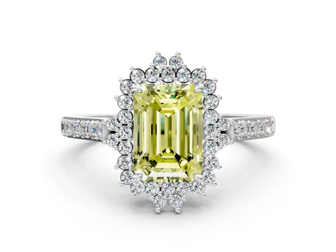 White gold Fancy Yellow Emerald Cut Cut Diamond Sunburst Halo Engagement Ring with Pavé Band