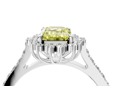 White gold Fancy Yellow Emerald Cut Cut Diamond Sunburst Halo Engagement Ring with Pavé Band_4