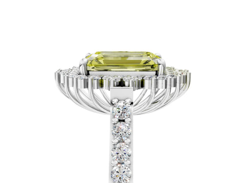 White gold Fancy Yellow Emerald Cut Cut Diamond Sunburst Halo Engagement Ring with Pavé Band_5