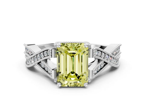 White gold Fancy Yellow Emerald Cut Cut Diamond Twisted Band with Milgrain Pave Setting and Four-Prong Setting_12