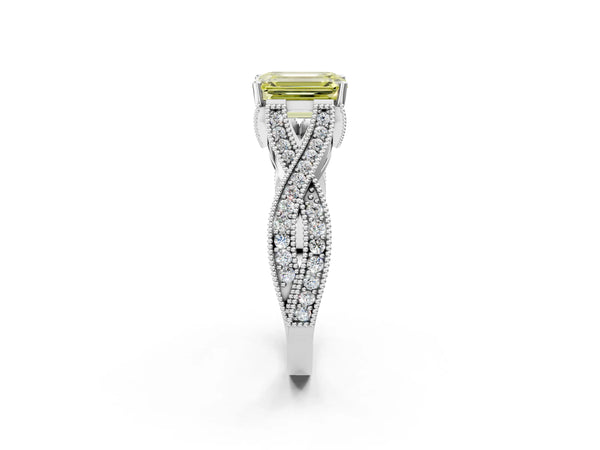 White gold Fancy Yellow Emerald Cut Cut Diamond Twisted Band with Milgrain Pave Setting and Four-Prong Setting