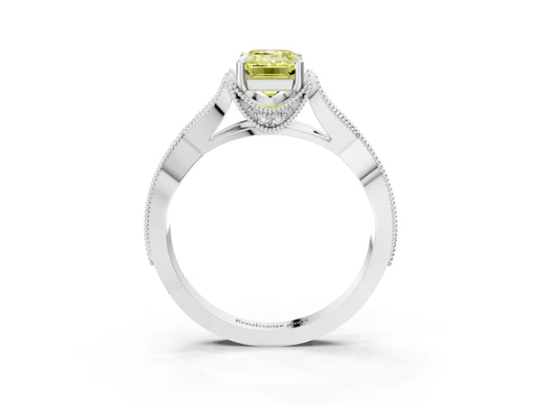White gold Fancy Yellow Emerald Cut Cut Diamond Twisted Band with Milgrain Pave Setting and Four-Prong Setting