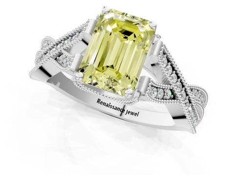 White gold Fancy Yellow Emerald Cut Cut Diamond Twisted Band with Milgrain Pave Setting and Four-Prong Setting_1