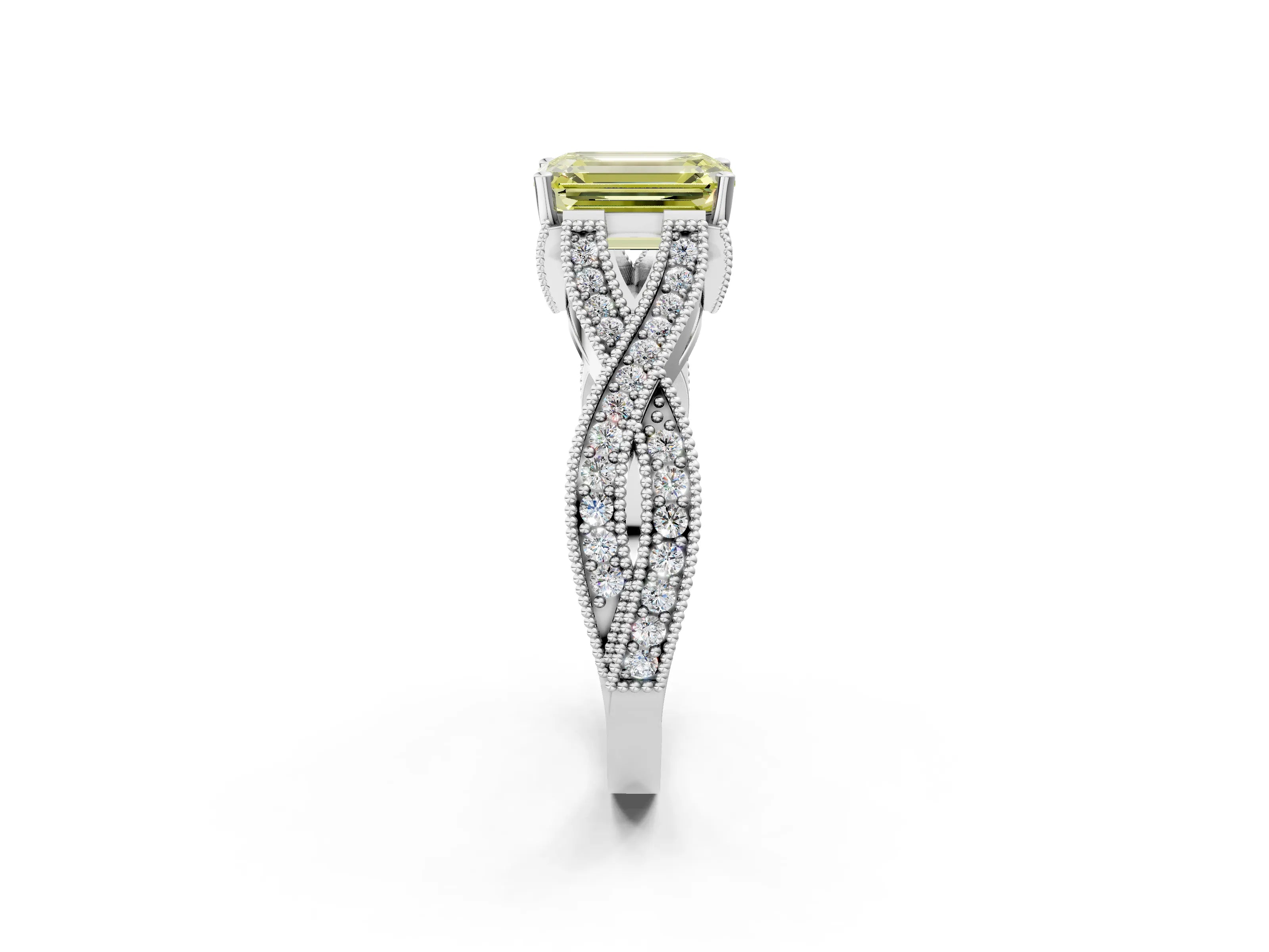 White gold Fancy Yellow Emerald Cut Cut Diamond Twisted Band with Milgrain Pave Setting and Four-Prong Setting_2