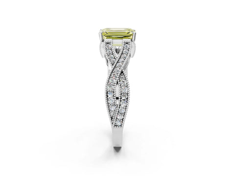 White gold Fancy Yellow Emerald Cut Cut Diamond Twisted Band with Milgrain Pave Setting and Four-Prong Setting_2