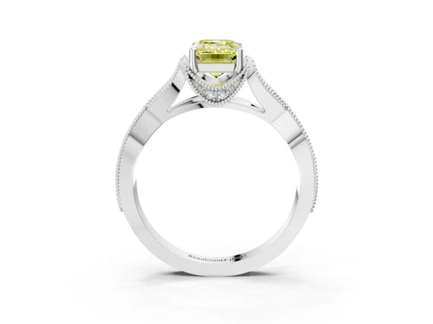 White gold Fancy Yellow Emerald Cut Cut Diamond Twisted Band with Milgrain Pave Setting and Four-Prong Setting_3