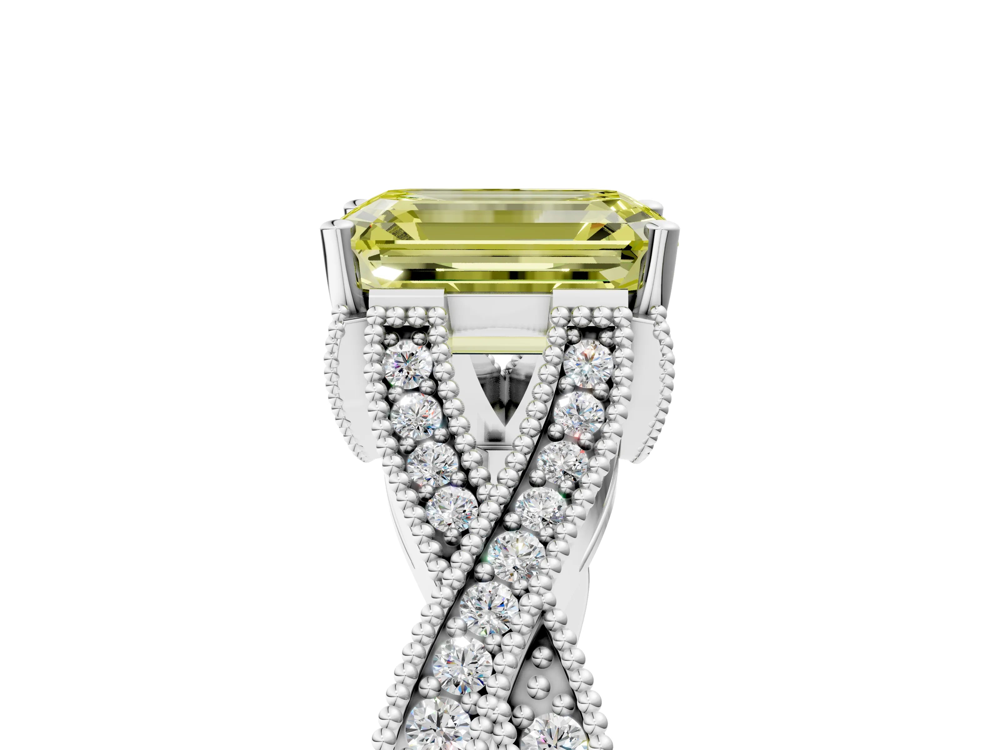 White gold Fancy Yellow Emerald Cut Cut Diamond Twisted Band with Milgrain Pave Setting and Four-Prong Setting_5
