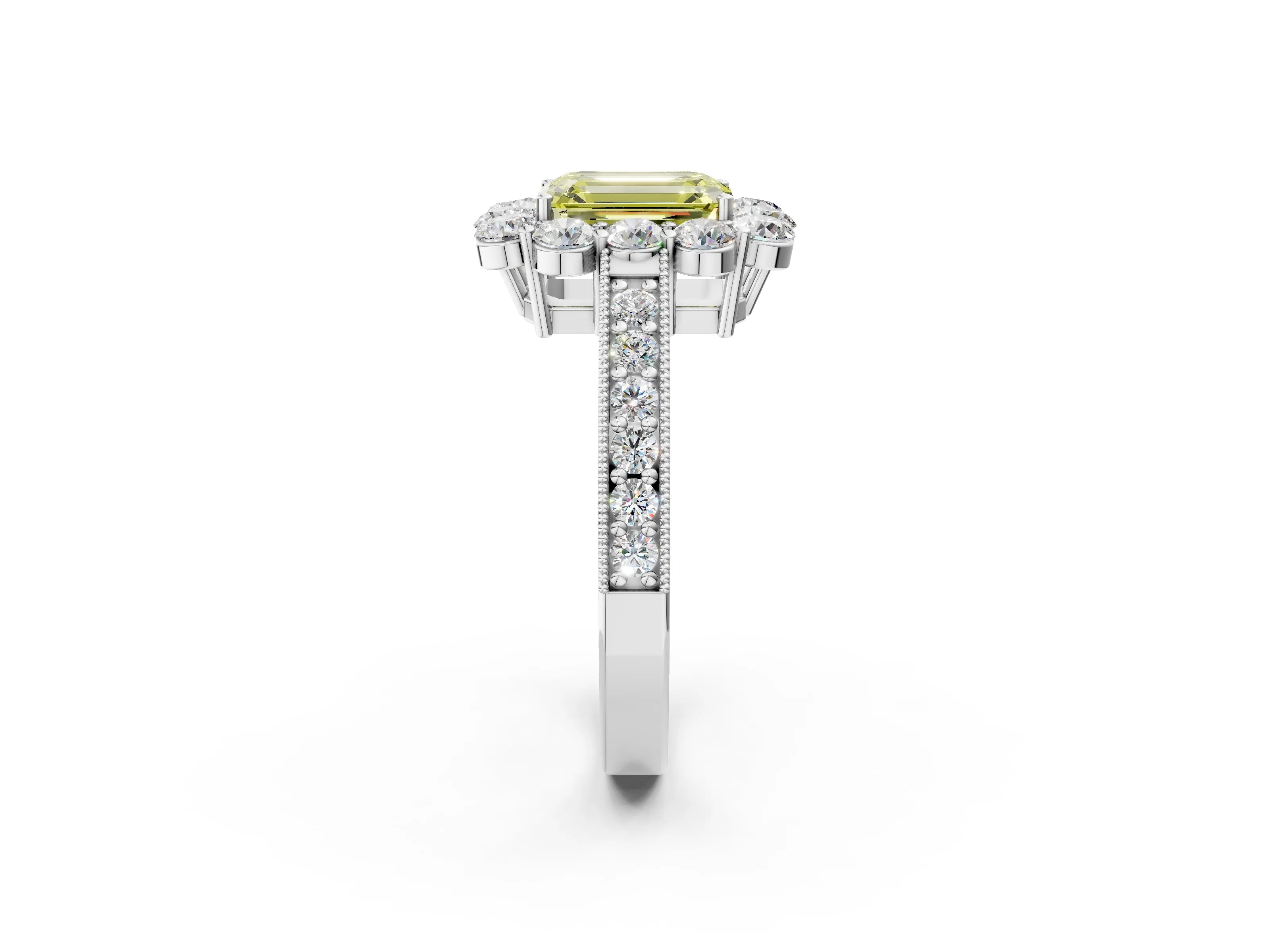 White gold Fancy Yellow Emerald Cut Cut Halo Diamond Pavé Engagement Ring with Milgrain Detailing_14