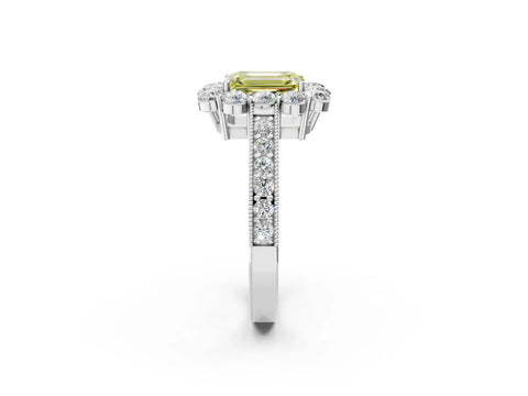 White gold Fancy Yellow Emerald Cut Cut Halo Diamond Pavé Engagement Ring with Milgrain Detailing_14